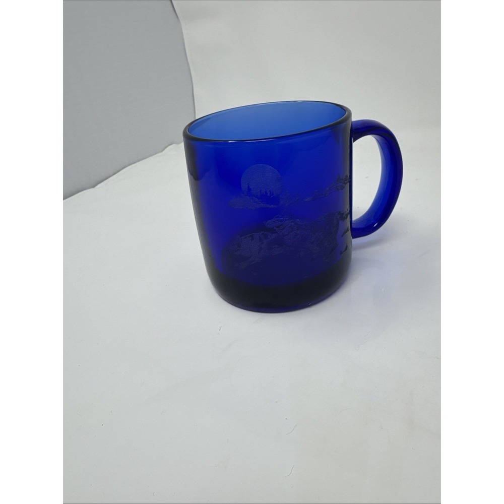 Vintage‎ Cobalt Blue Coffee Mug Etched With Running Wolves Made In France